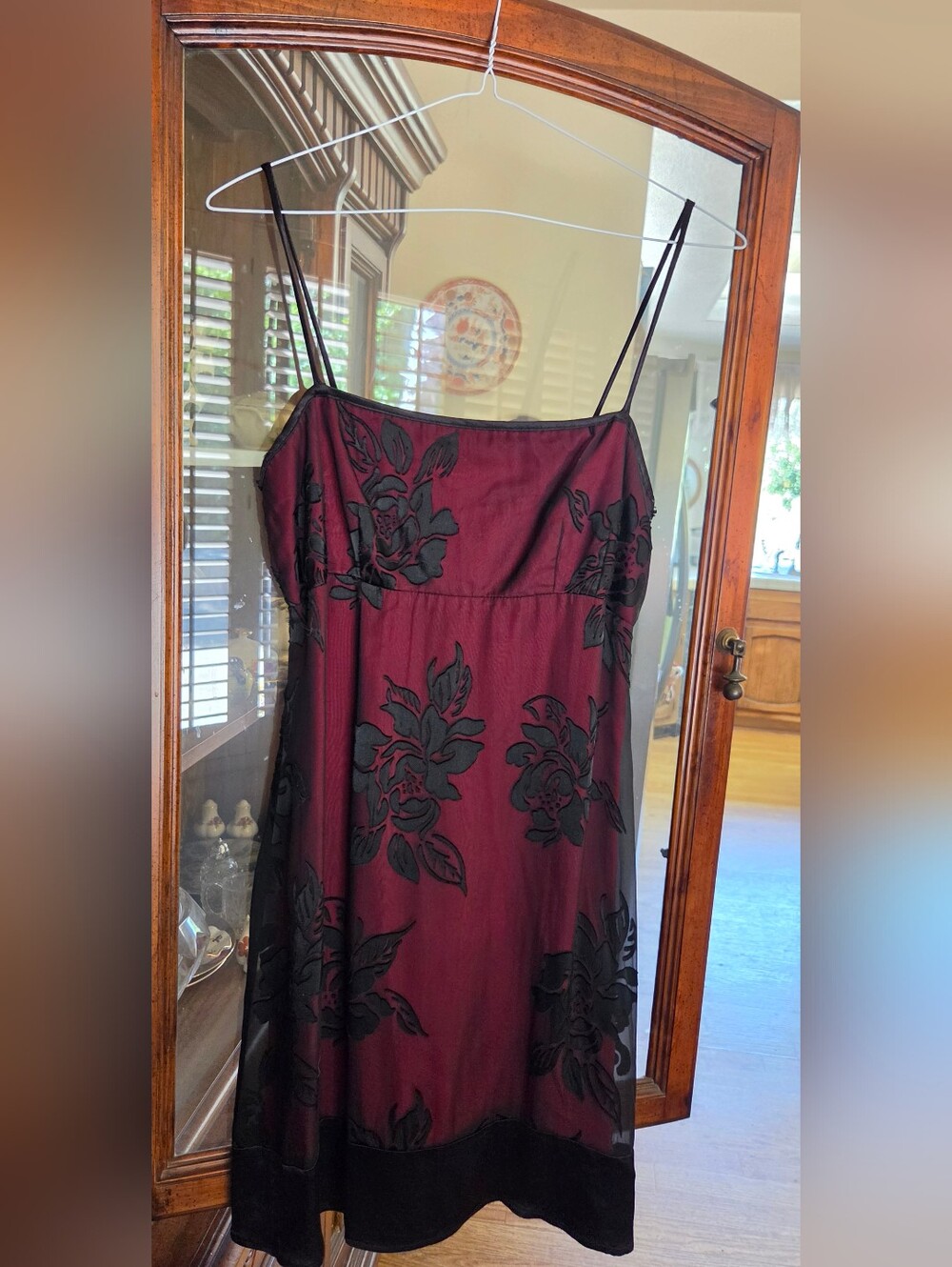 Vintage 90s Goth Nanette Dark Red Lined Dress with Black lace Overlay